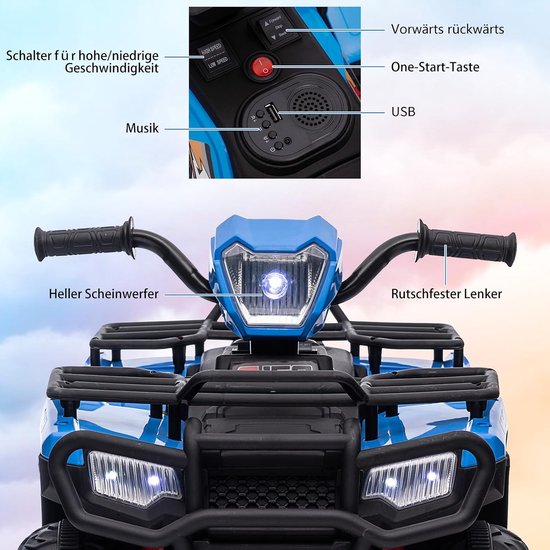 Blauw elektrisch kinderquad met verlichting, muziek en USB-poort. Knoppen voor snelheid en start.