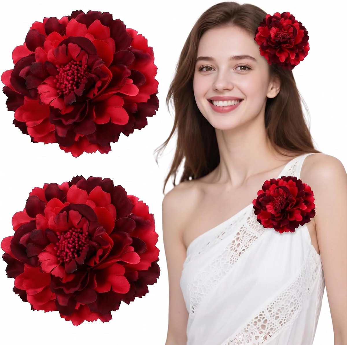 2 x flamingo-haarbloemen, bordeaux, stoffen bloem, 11 cm, met clip en broche voor dames en meisjes, accessoires voor april, flamingo en Sevillana