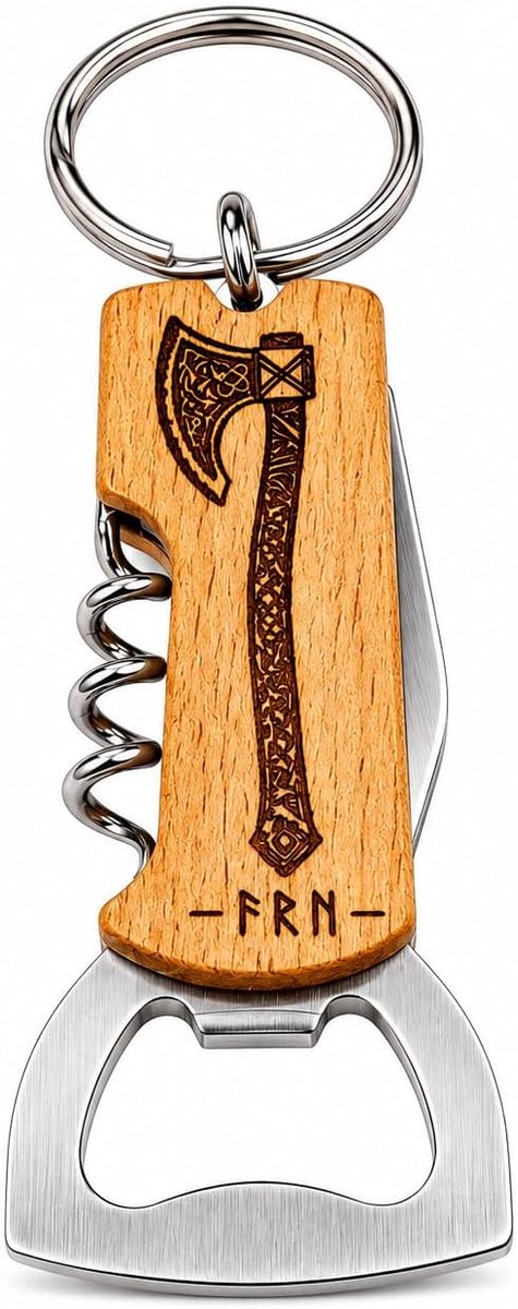 Houten flesopener Viking bijl - lasergegraveerde bieropener van natuurlijk hout met Scandinavisch motief - rustiek cadeau voor mannen, Vikingfans, middeleeuwse en outdoorliefhebbers