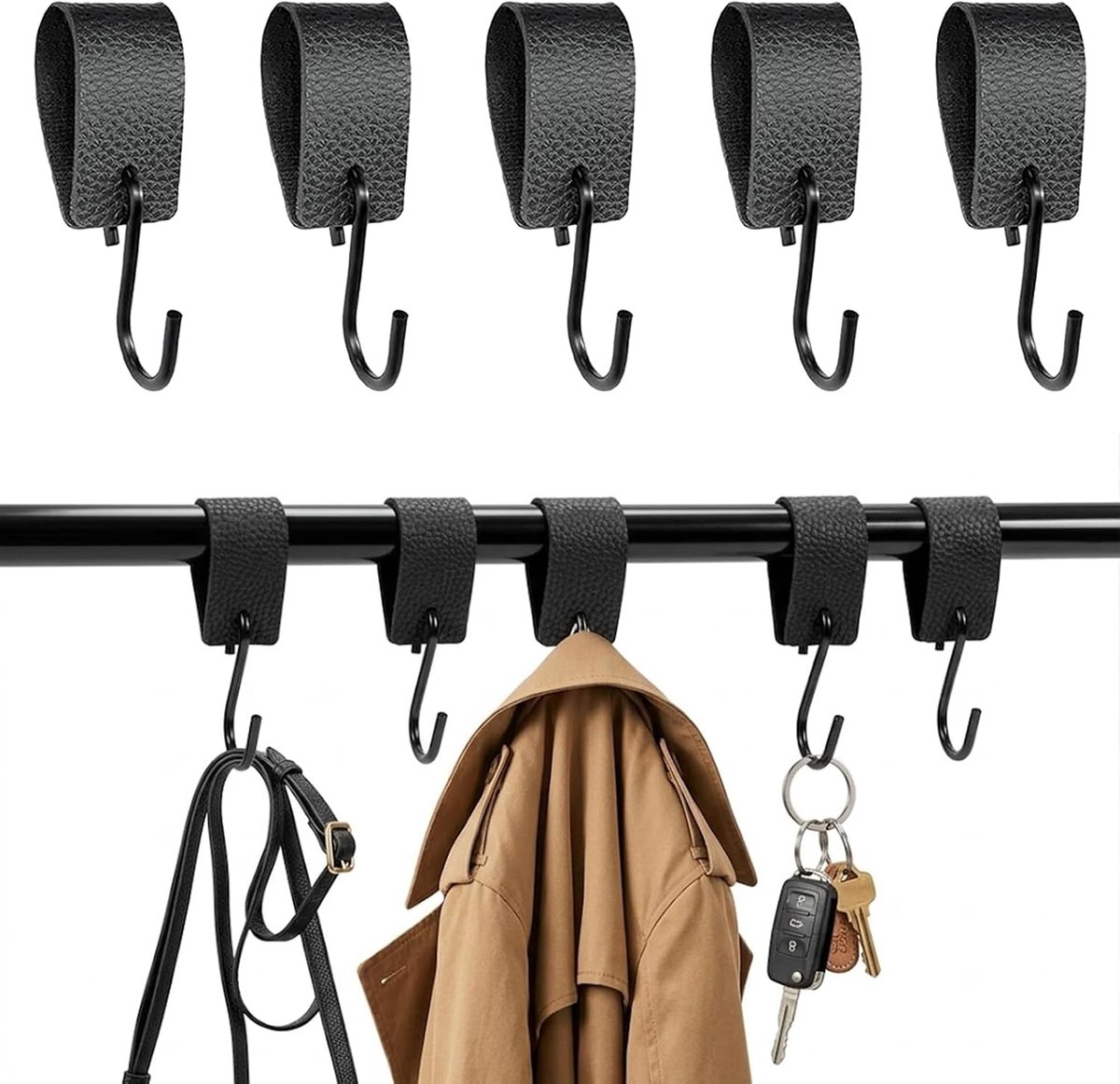 S-haken voor kledingstang, S-haken zwart met leren lus, garderobehaken, zwart, kledinghaken, voor keuken, kastophanging, badkamer, slaapkamer, woonkamer