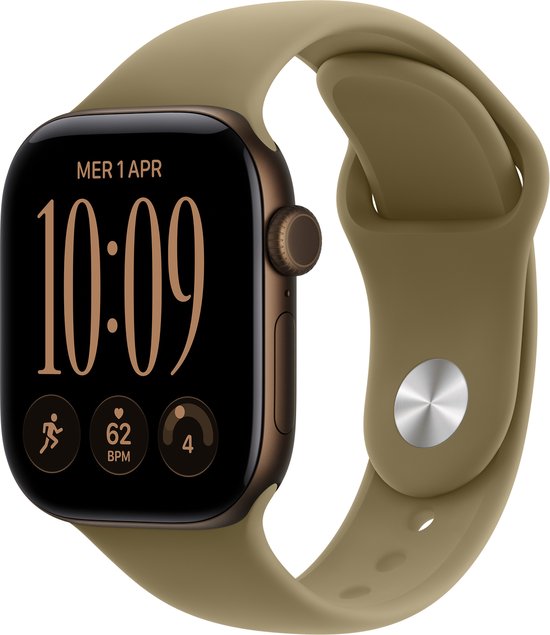 Donkerbruine Apple Watch Series 12 met olijfgroene band, 42mm. Toont 10:09, 1 apr.