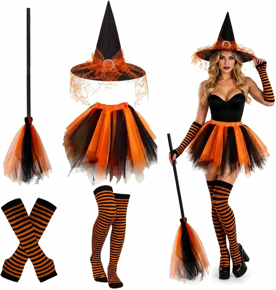 Griezelige Heks Kostuum met Tulle Rok, Hoed, Panty en Bezem voor Feestjes en Halloween