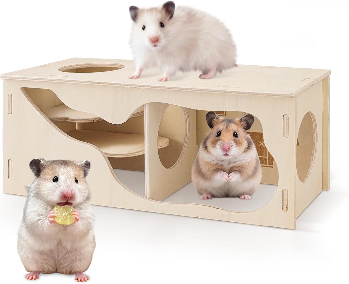 Chamber Hamster Hideout Houten Huis - Hamster Kooi Accessoires & Tunnels voor Dwerghamsters, Syrisch, Gerbils, Muizen - Natuurlijke Houten Habitat Decor (Woonkamer)