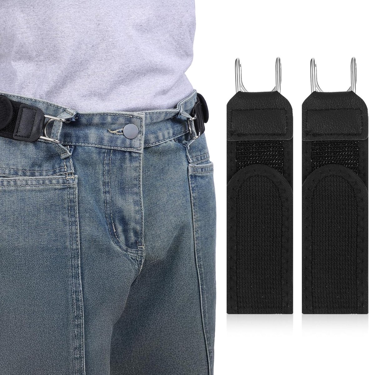 Set van 2 elastische riemen zonder gesp voor heren en dames, verstelbare tailleband voor jeans en vrijetijdskleding, zwart en onzichtbaar