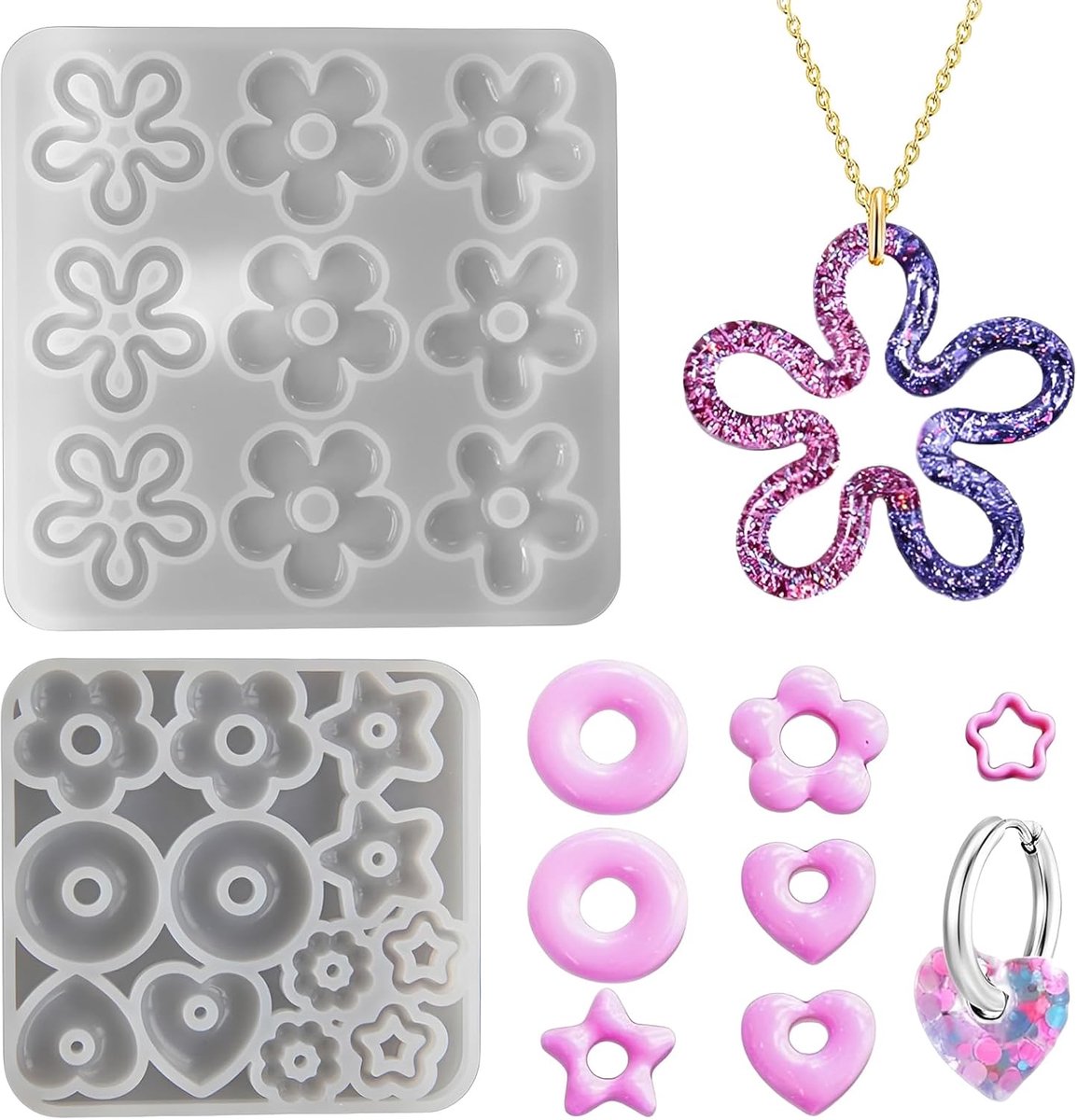 Mallen 2 stuks epoxyhars mallen siliconen vormen voor sieraden, hangers, kettingen, oorbellen, ornamenten en sleutelhangers