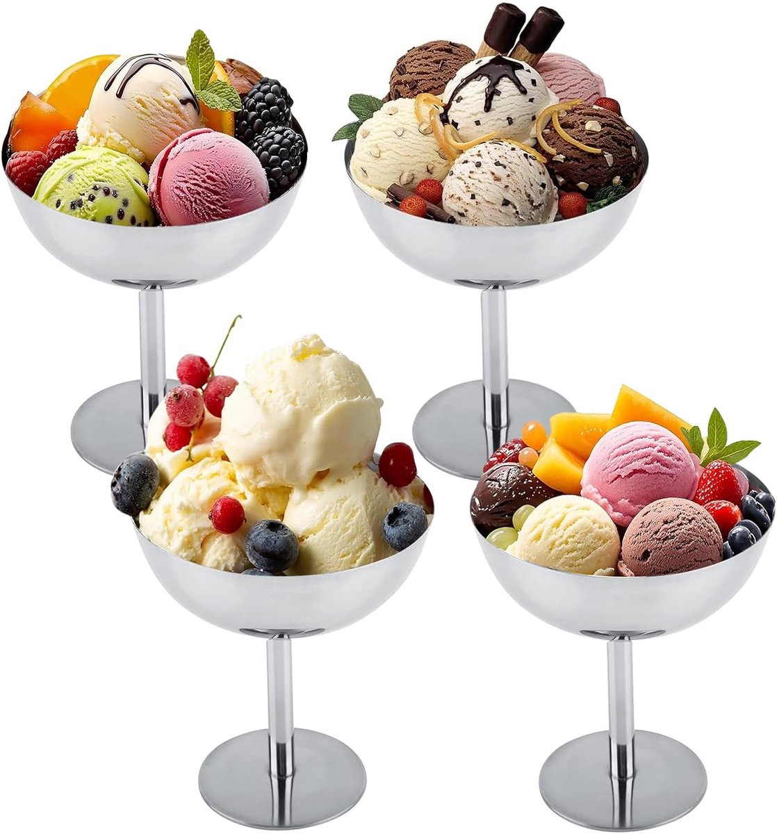 4 stuks ijsbekers roestvrij staal - Ø 10 cm 200 ml roestvrij staal dessertglazen, Ice Cream Sundae dessertkommen, cocktailglazen met voet voor fruit, salade, yoghurt en fruitpudding, voor bruiloften