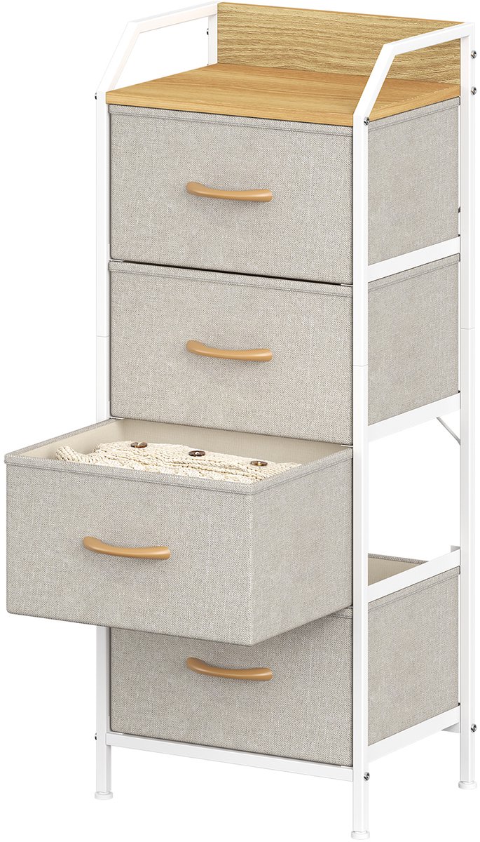 Smalle ladekast met 4 stoffen lades - Khaki en wit - MDF-blad met opstaande rand - Verstelbare voeten - Voor slaapkamer en hal - 43 x 30 x 97,5 cm