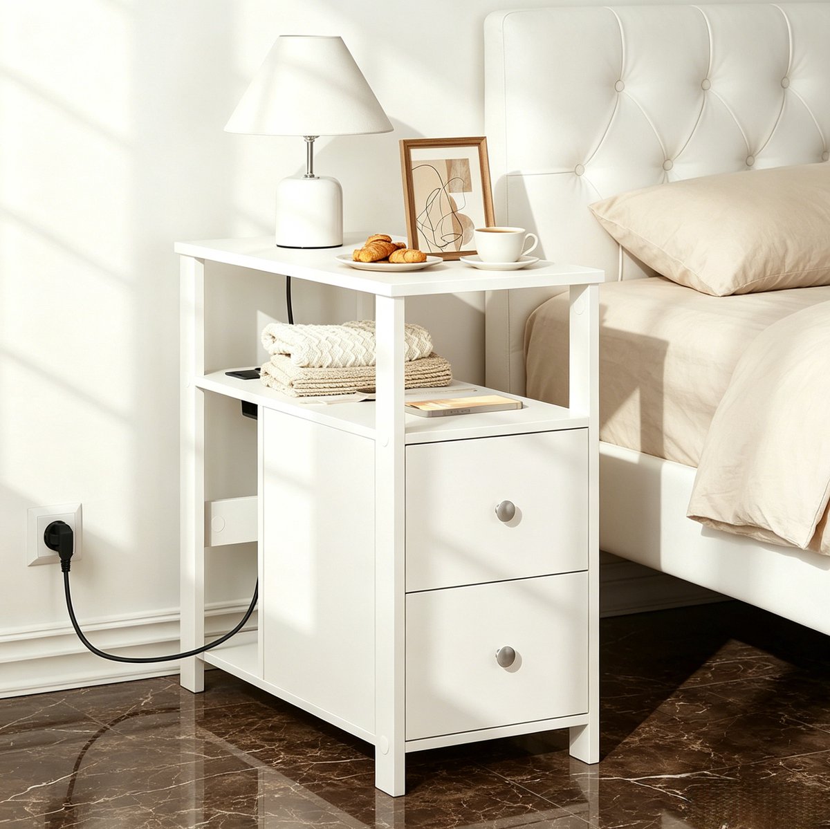 MEUNIQ Bijzettafel met stopcontact en USB, 2 lades en open vakken, 60 x 30 x 60 cm, witte bedtafel voor woonkamer of slaapkamer