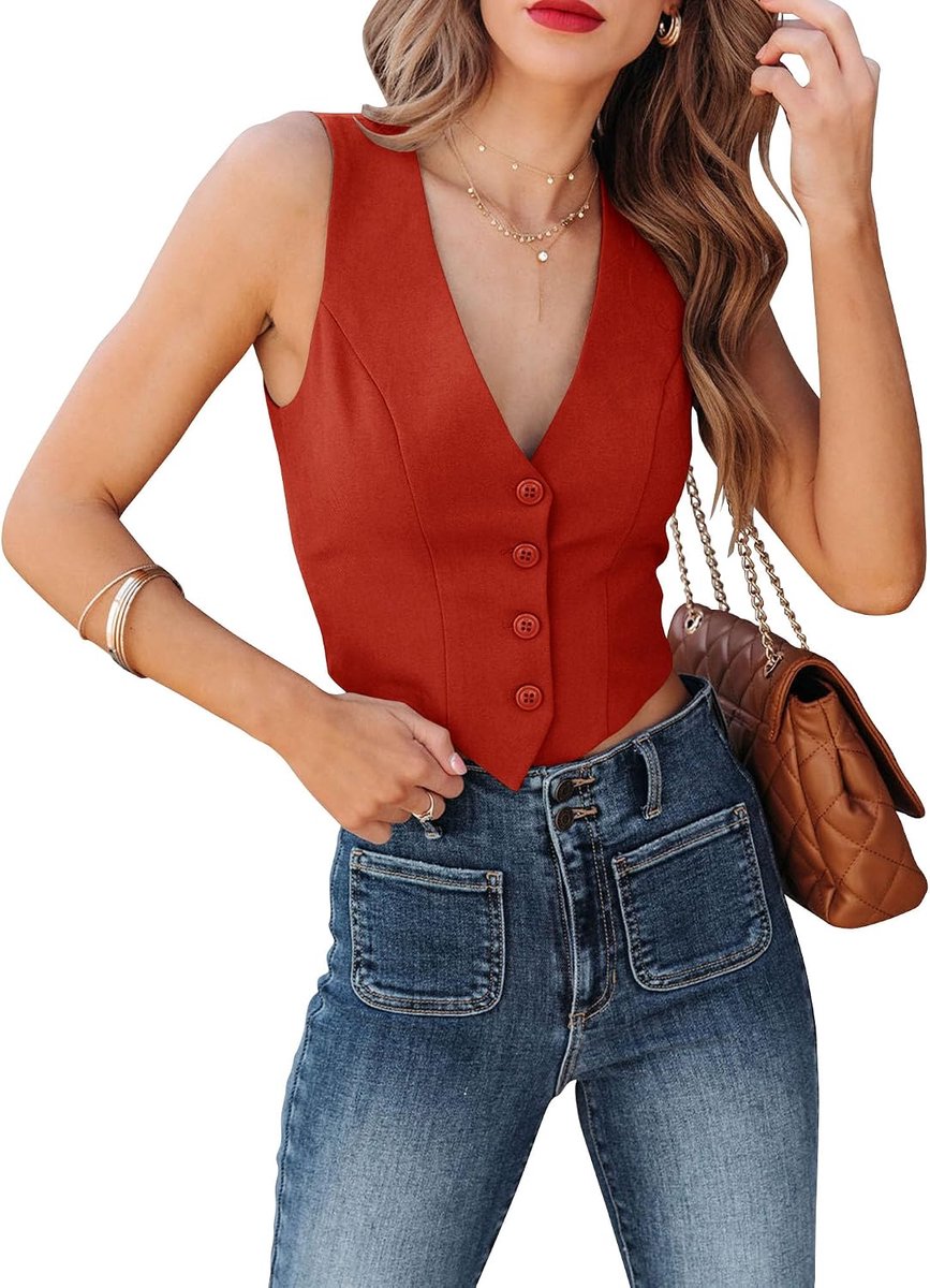 Damesvest met knoopsluiting, mouwloos, volledig gevoerd, V-hals, regular fit, jas, vest