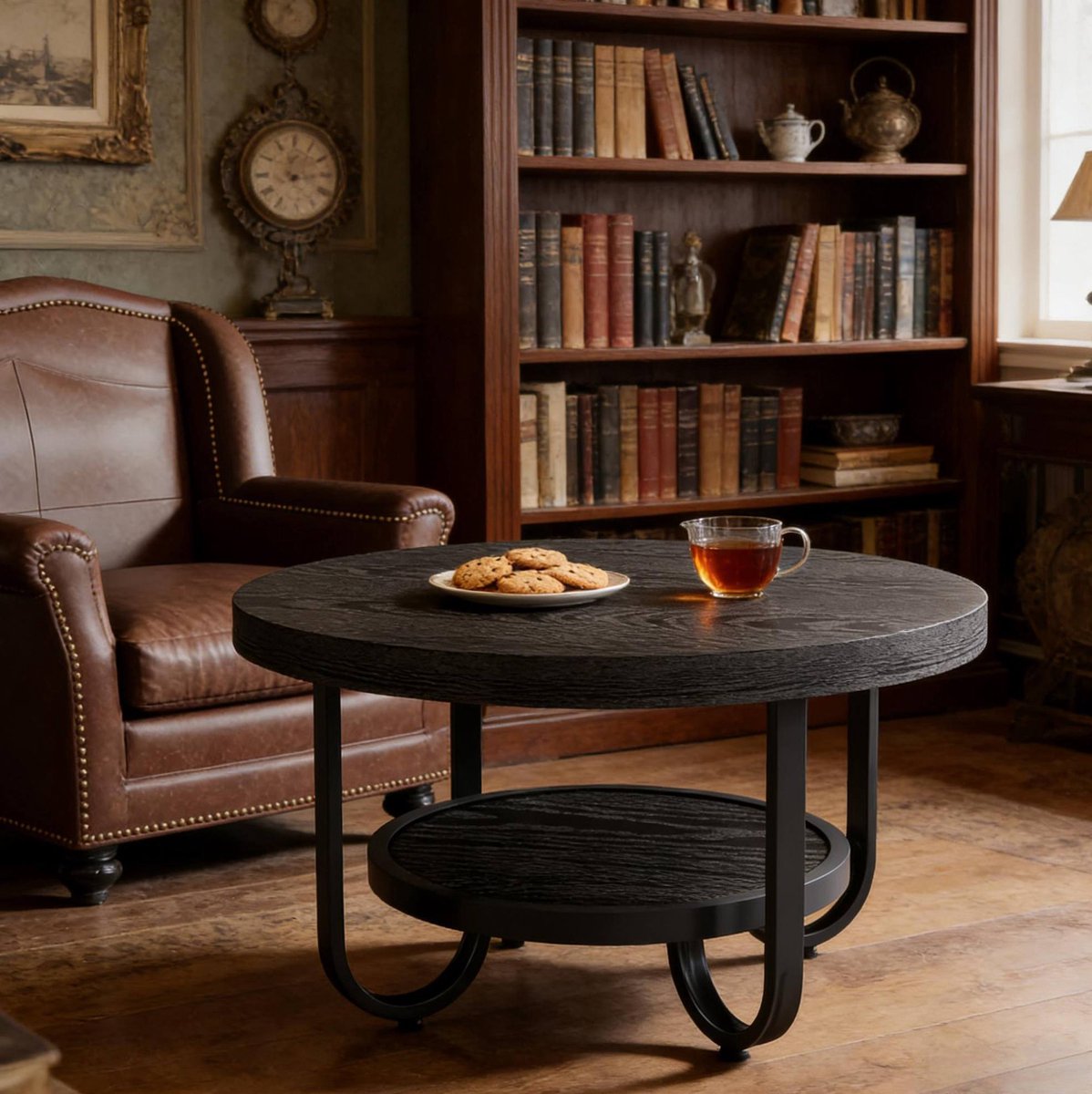 MEUNIQ Ronde salontafel Ø 79,8 cm met 2 lagen en open onderplank, MDF met houtnerffineer en metalen poten, zwart, industrieel