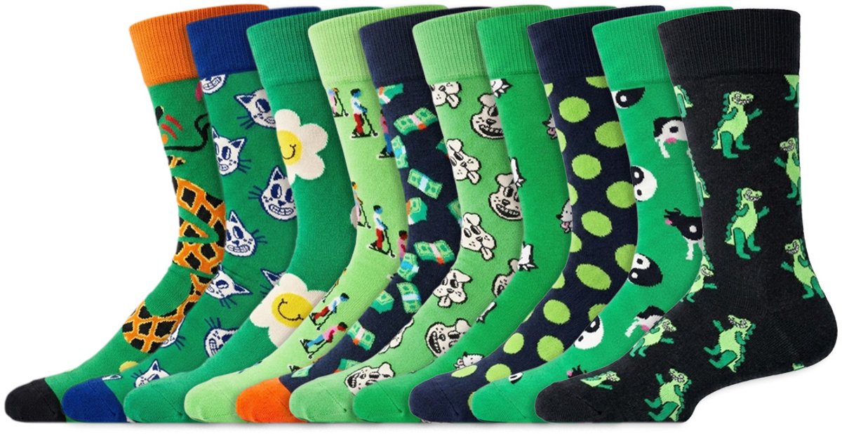 10 Paar – Happy Socks – Dames & Heren – Thema Groen – Katoen – Diverse Printjes