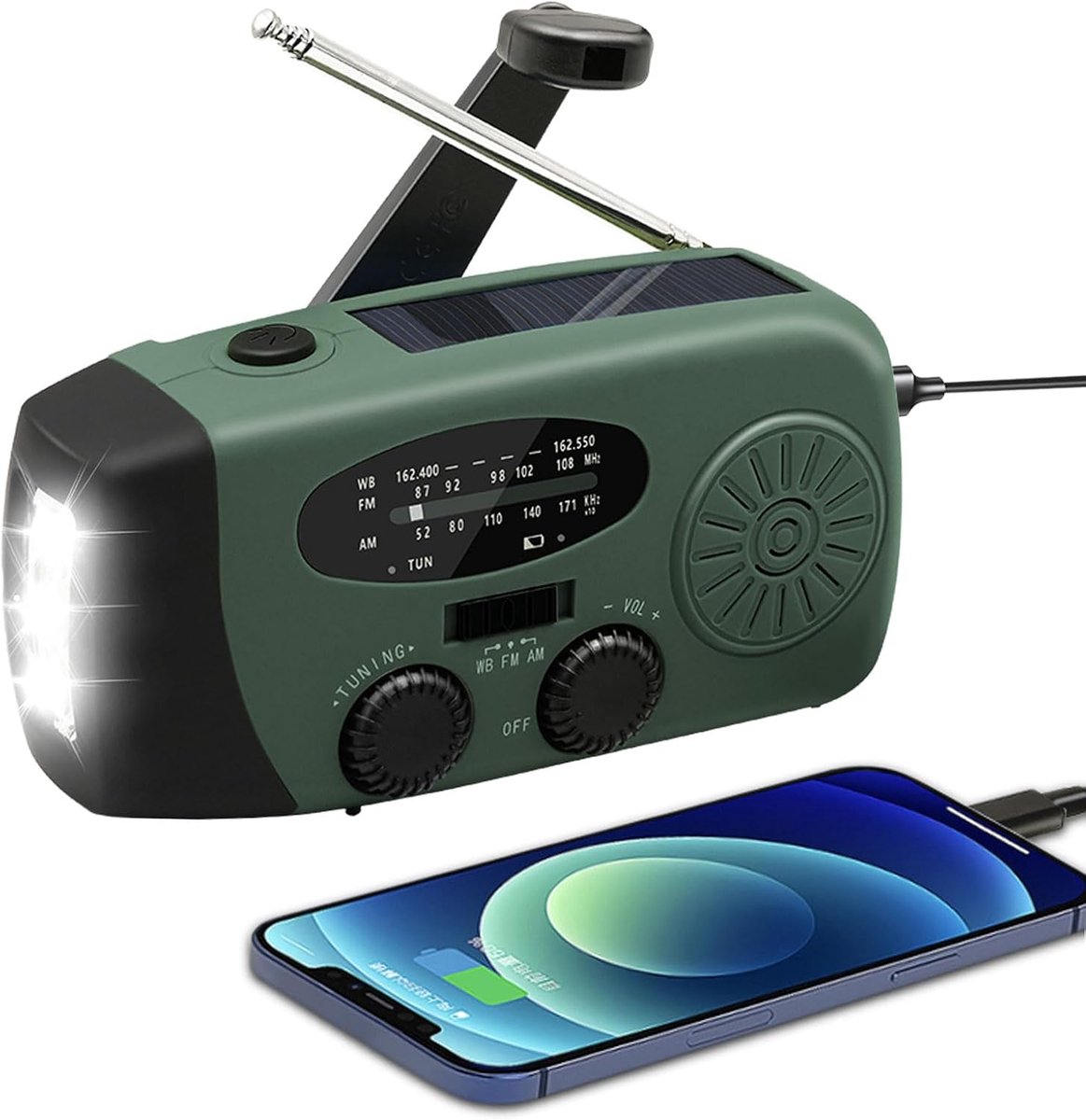 Noodweerradio, draagbare AM/FM/NOAA-radio op zonne-energie met handslinger, zaklamp met 3 standen en leeslampje, oplader voor mobiele telefoon en SOS-sirene (groen).