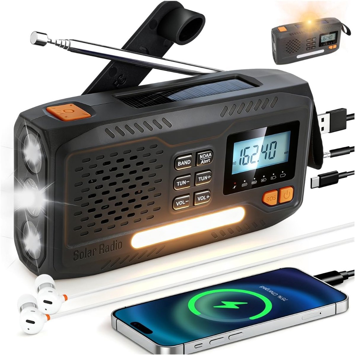 Grijze noodweerradio, op zonne-energie werkende radio met handslinger, draagbare AM/FM-radio, werkt op een oplaadbare batterij, heeft een zaklamp, USB-C-oplader, LCD-scherm,
