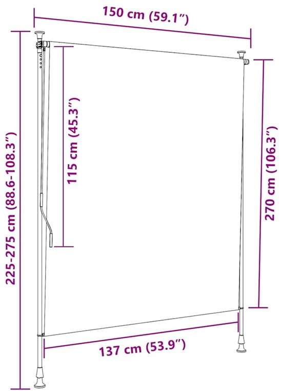 Représentation schématique d'un store enrouleur crème avec dimensions : 150 cm de large, 270 cm de haut, 115 cm de haut de tissu, hauteur réglable 225-275 cm, largeur de pied 137 cm.