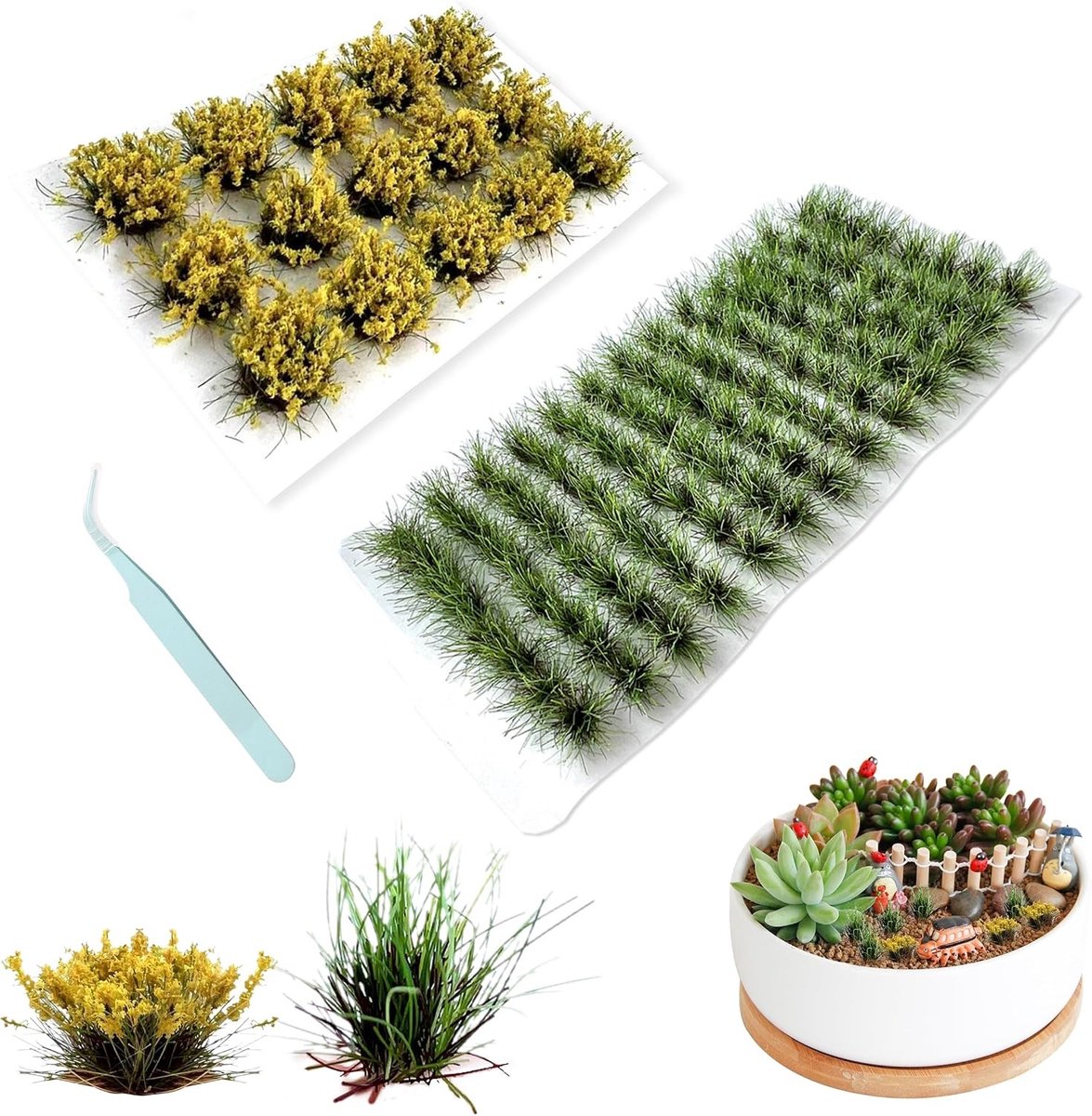 Natuurlijke Gras Tuft voor Modelbouw, 104 Kunstgras Polls en 15 Miniatuur Bloemclusters voor Diorama Decoratie en Miniatuurtuin Accessoires