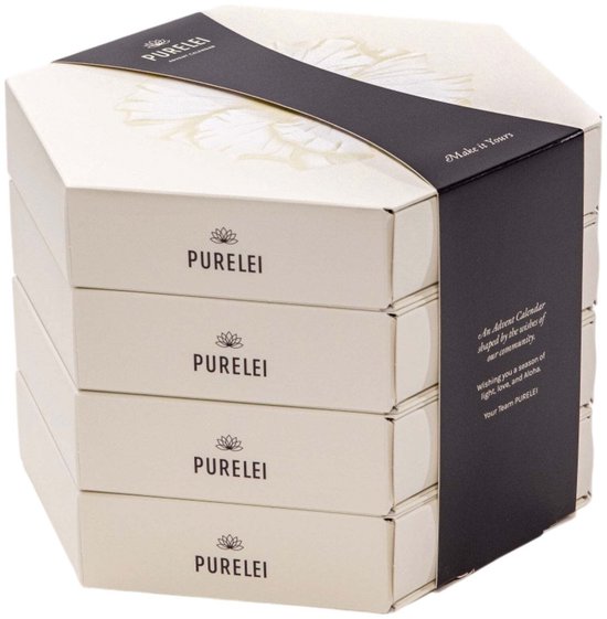Hexagonale witte adventskalender van Purelei met gouden band en bloemendetails. Gestapelde dozen met 'PURELEI' logo.