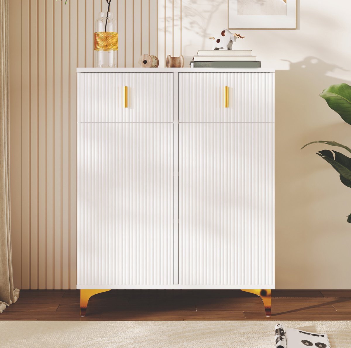 MEUNIQ Schoenenkast 83 x 35 x 101 cm met 2 deuren, 2 lades, verstelbare legplanken en push-open deuren voor hal of entree, wit met gouden details