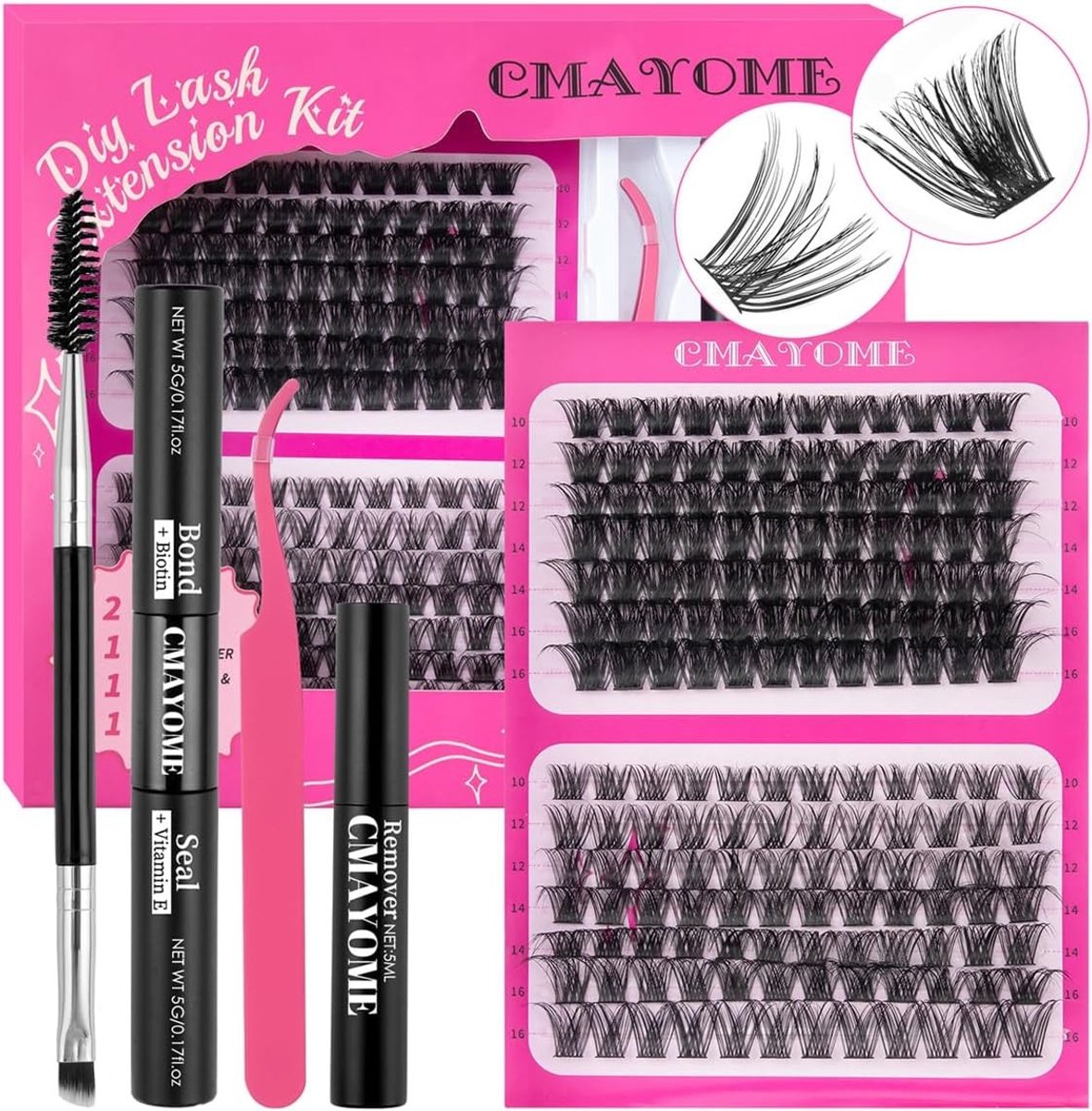DIY Wimperextensions Set met 168 D Curl Wimperclusters, Mascara Borstel en Toebehoren voor Individuele Wimpers, 10-16mm lengte