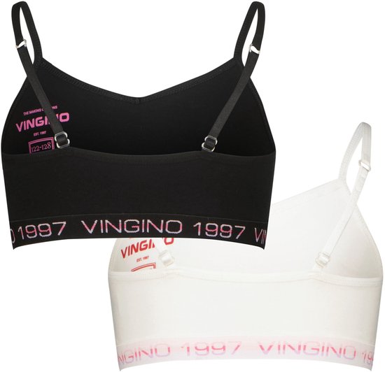 Achterkant van twee tops: één zwarte en één witte, beide met logo band VINGINO 1997 in roze letters.