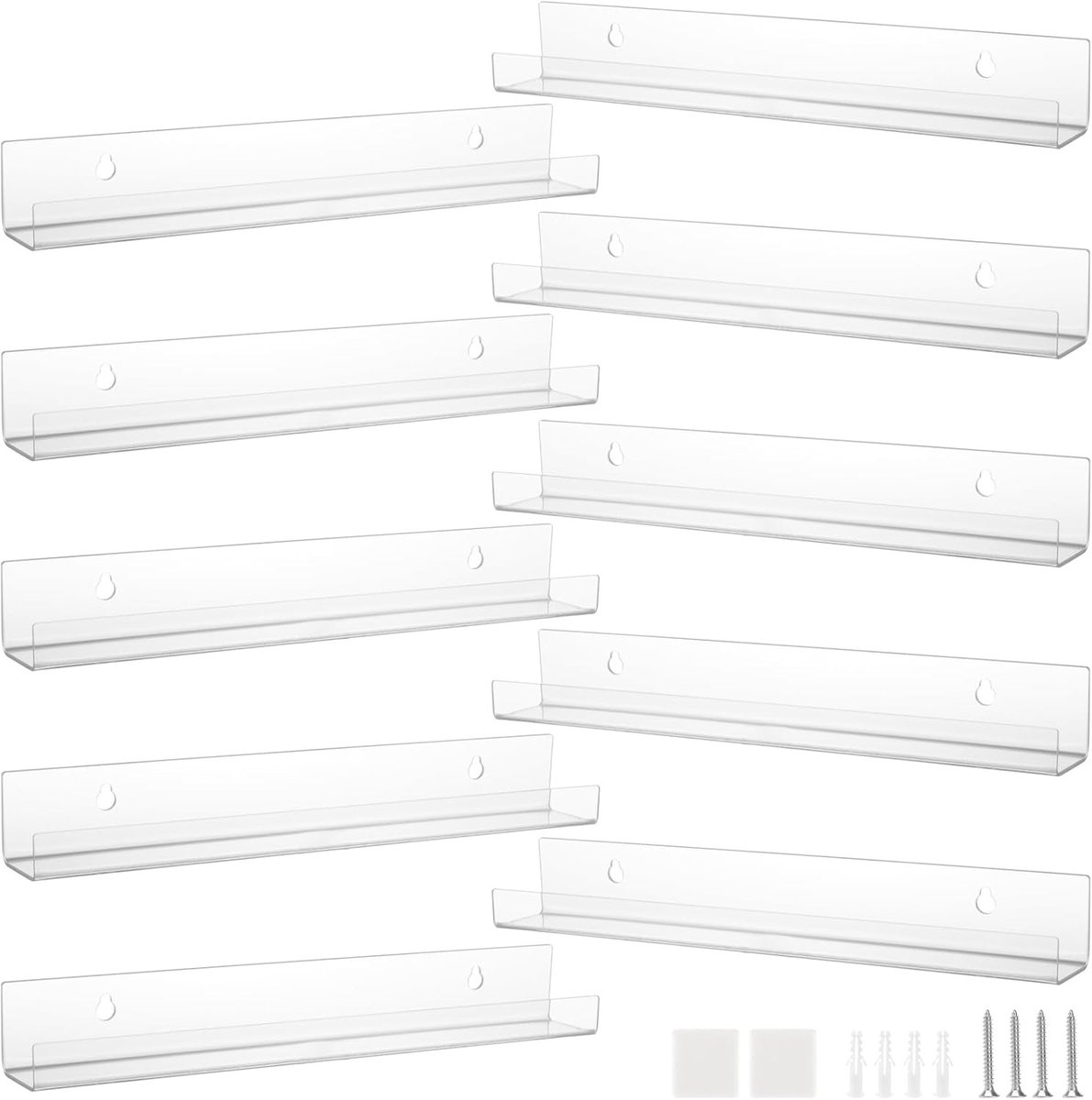 Set van 10 heldere acryl wandplanken, 12 x 1,7 x 1,7 x 1,7 inch, zwevende planken voor tijdschriften, foto's en decoratie opslag