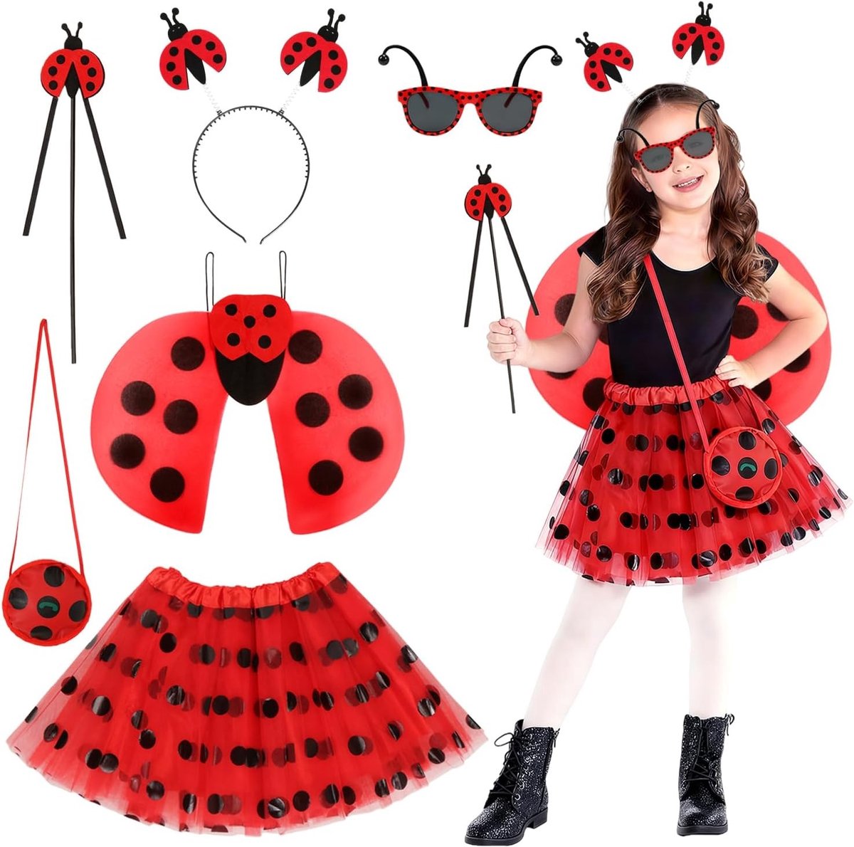 Dames Lieveheersbeestje Kostuum met Tulle Rok, Hoofdband, Vleugels en Accessoires voor Carnaval en Feestjes