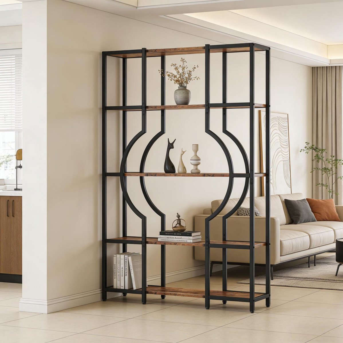 MEUNIQ Boekenkast 100 x 30 x 176 cm - Open kast met 5 niveaus, zwart metalen frame en rustiek bruine houtlook planken voor woonkamer of werkkamer