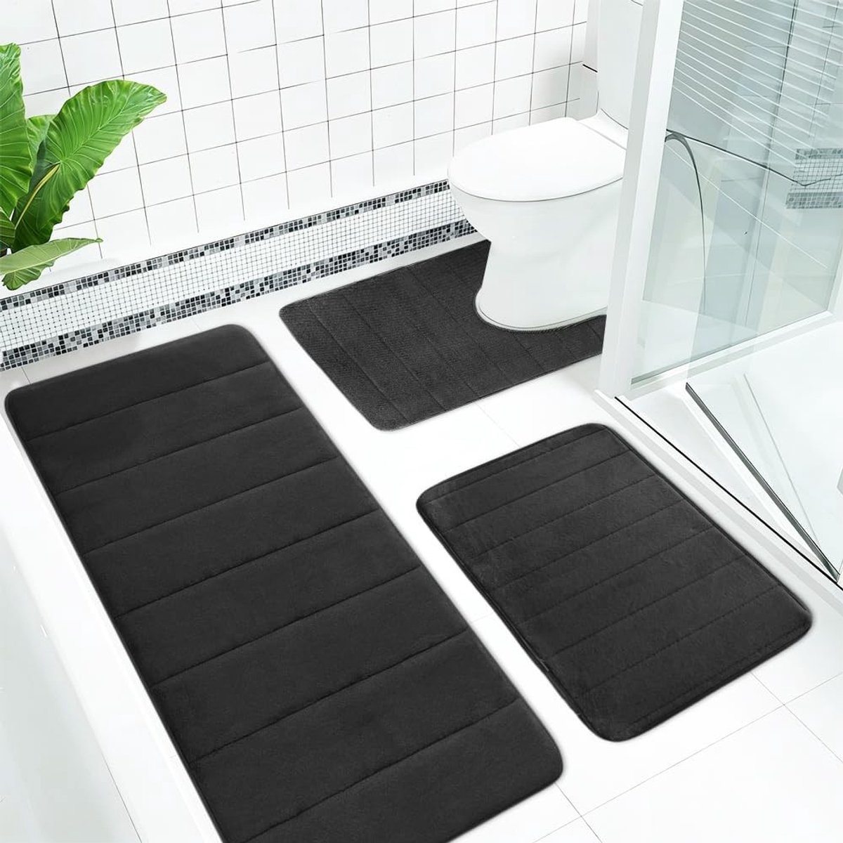 Set van 3 Stukken Geheugenfoam Badmatten, Absorberend, Sneldrogend, Antislip en Wasbaar voor Douche, Toilet en Badkuip, Zwart