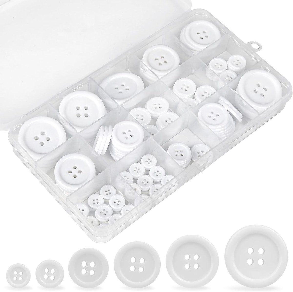 Witte knopen set van 120 stuks in verschillende maten 0.4-3 cm, 4 gaten, rond, ideaal voor naaien en handwerken