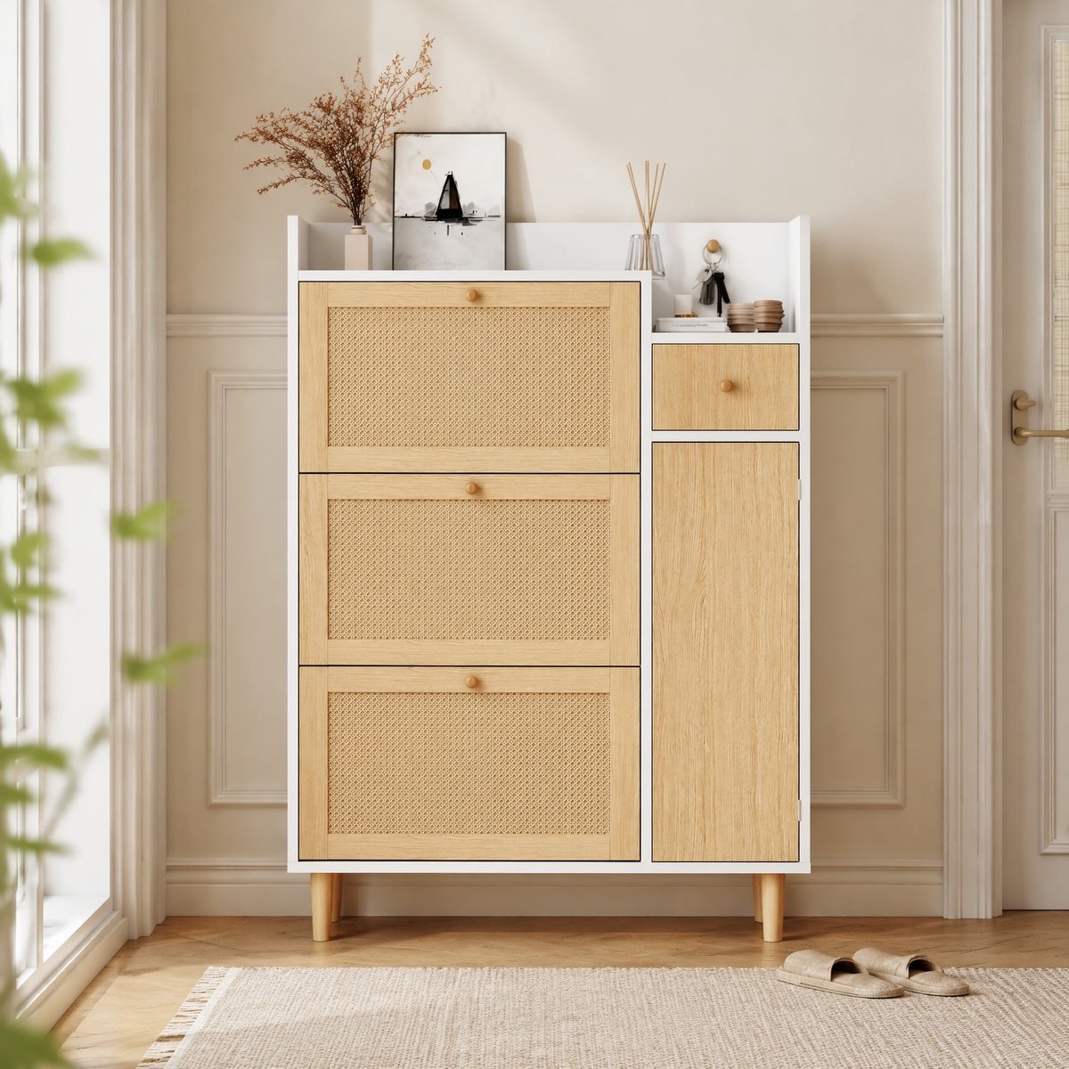 MEUNIQ Staande schoenenkast 90 x 17 x 125 cm met 3 kleppen, 1 lade en verstelbare planken voor smalle hal of slaapkamer, Naturel + Wit