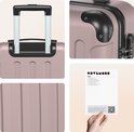 Detailfoto's van de roze koffer: handgreep, hoekbescherming, textuur en een informatieblad.