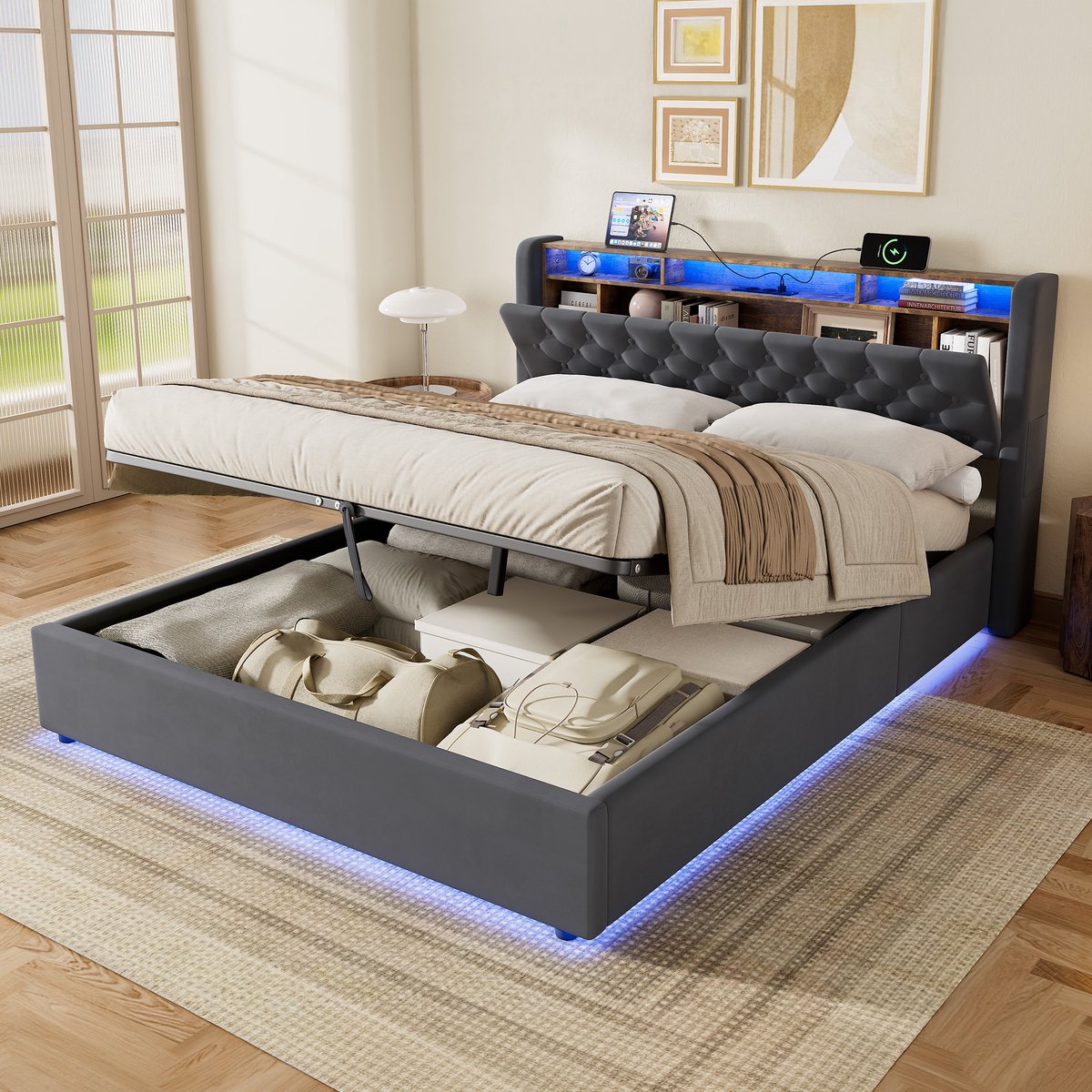 Wishdor Tweepersoonsbed 160x200 cm - Met hydraulische opbergruimte onder lattenbodem - Hoofdbord met opbergvakken, LED-verlichting en USB - Fluwelen stof - Donkergrijs - L 218,5 x B 170 x H 100 cm