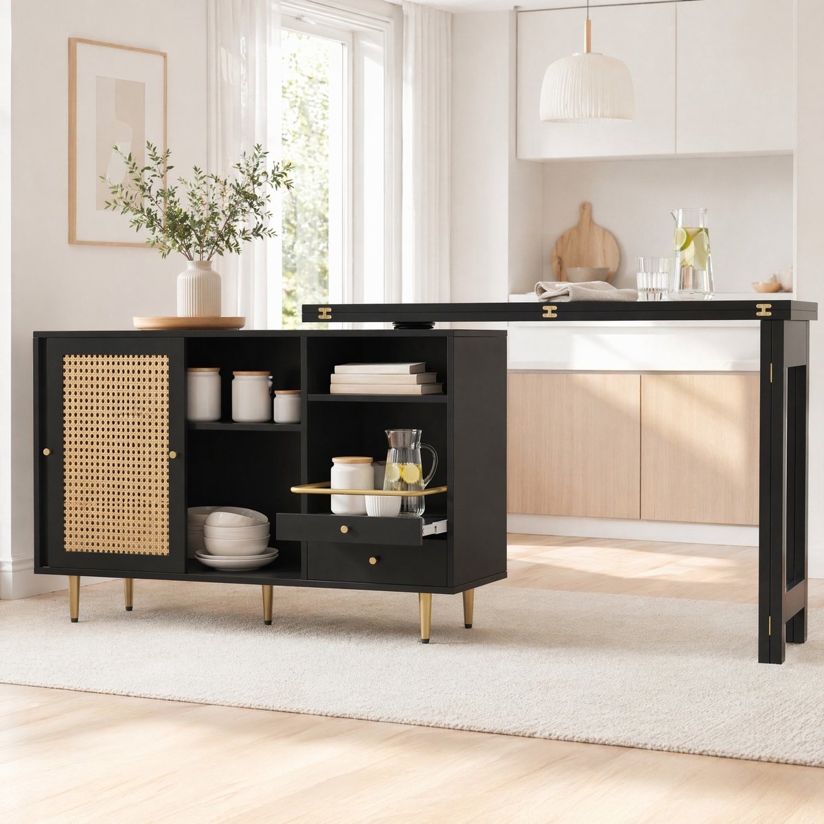 MEUNIQ Dressoir met uitklapbare en 360° draaibare bartafel – 187 x 40 x 76 cm – rattan deuren, open vakken en lades – zwart