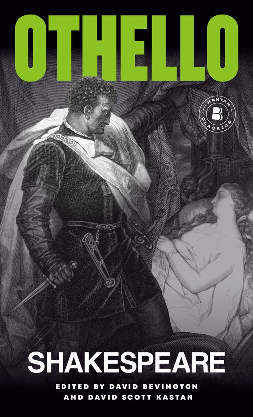 Othello boekomslag met een illustratie in zwart-wit van een man met een dolk die bij een slapende vrouw staat.