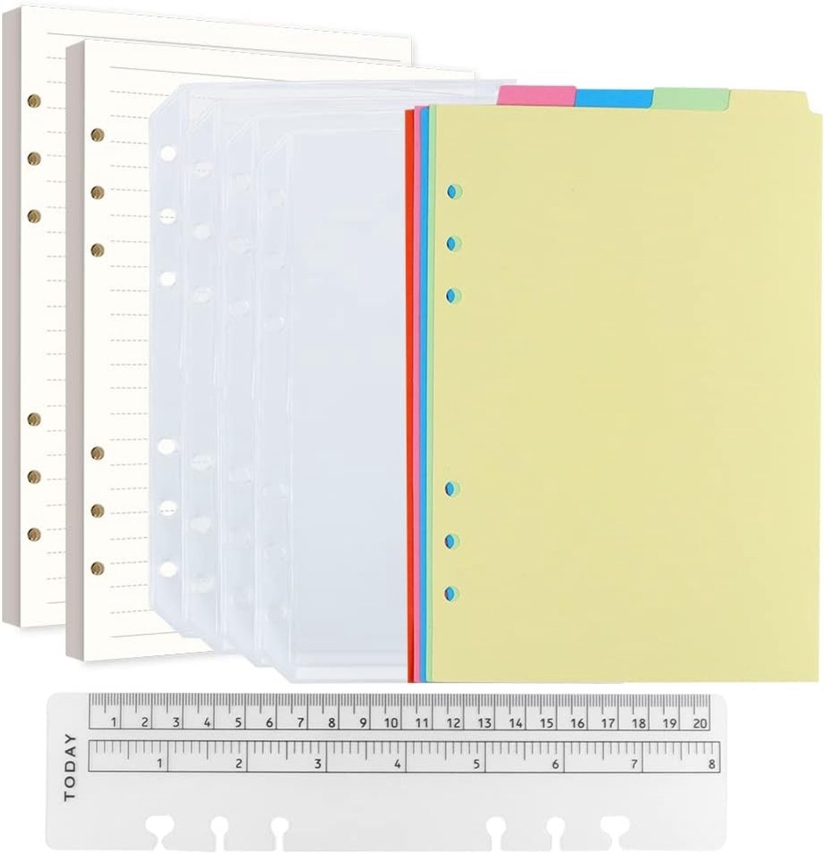 Vulbare A5 Notitiepapier Set met 160 Vel, 6 Gaten, Lijnpapier, 4 Enveloppen en Kleurige Tabs voor Organisatie en Notities