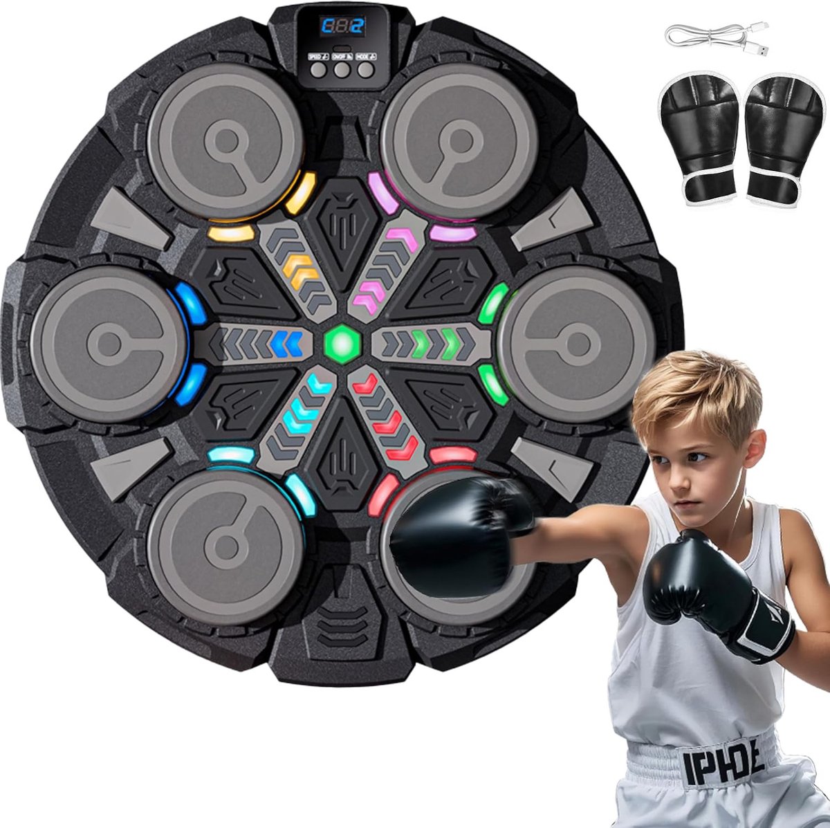 Bluetooth-Boksapparaat Met 3 Standen En LED-Verlichting – Muzieksynchronisatie En Gevecht Voor Twee Spelers – 5/6 Snelheidsniveaus – Verstelbare Hoogte – Wandmontage Zonder Boren – Inclusief Bokshandschoenen – Voor Thuisgym En Kinderen