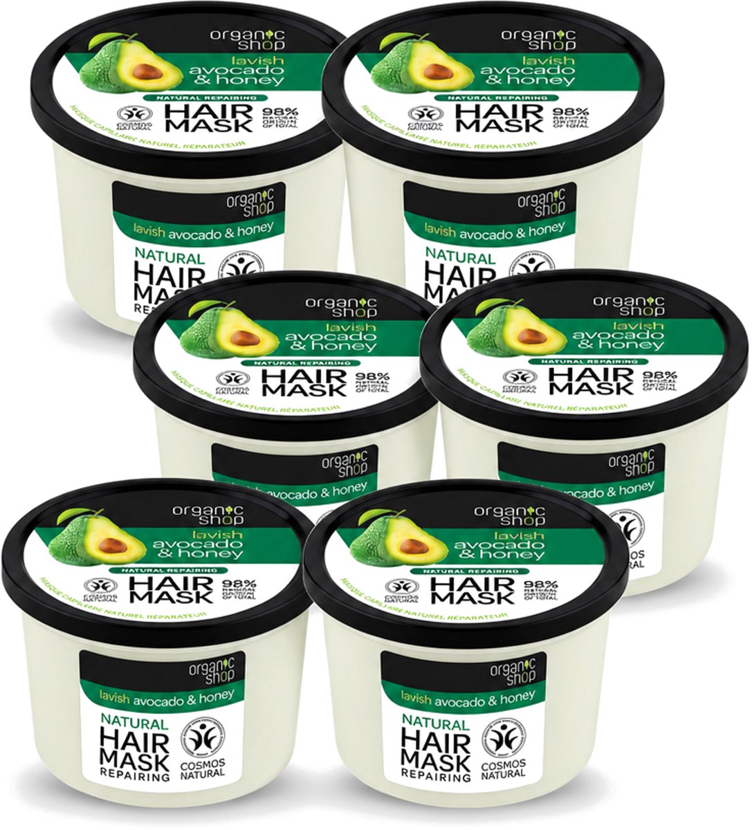 6 x Organic Shop - Haarmasker Avocado & Honey - Hydraterend en Verzachtend - 250 ml - Voordeelverpakking - 6 stuks