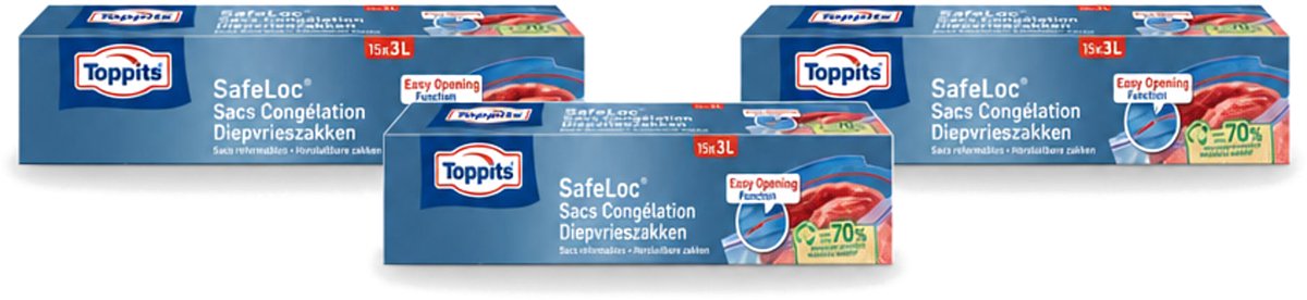 3 x Toppits – Safeloc Zip-Diepvrieszakken – 3 Liter – 15 Zakjes - Voordeelverpakking - 3 stuks