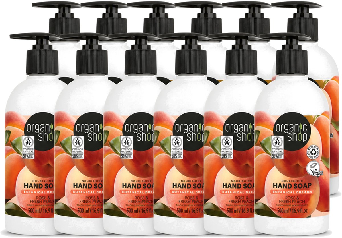 12 x Organic Shop - Handzeep Rose & Peach - Verzorgend en Hydraterend - 500 ml - Voordeelverpakking - 12 stuks