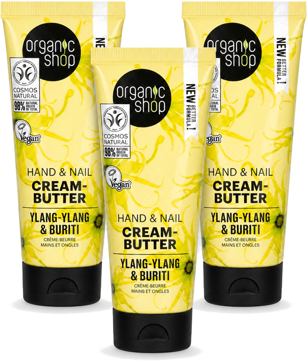 3 x Organic Shop - Ylang-Ylang & Buriti Hand & Nail Cream - Verzachtend en Herstellend - 75 ml - Voordeelverpakking - 3 stuks