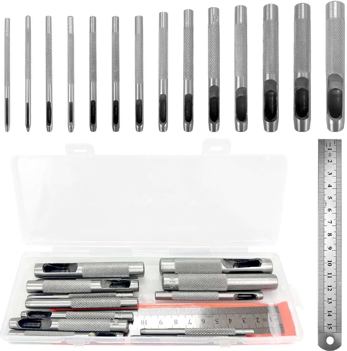 Set van 14 stansgereedschap, met stalen schaal van 15 cm, perforatieset voor leer, horlogebandje, afdichtingsriem, schoenen, stof, canvas, kleding, ronde ogen, 1-10 mm