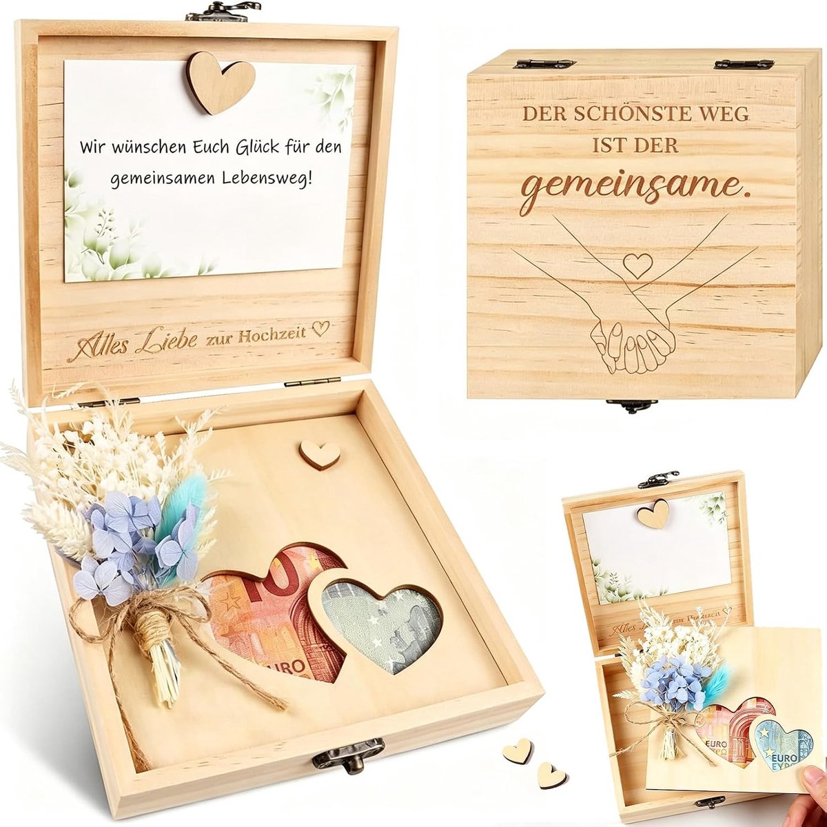 Bruiloft doos van hout, huwelijkscadeau, geld met gedroogde bloemen, stijlvolle geschenkverpakking voor bruidspaar, verloving, huwelijkskaart en herinneringsdoos