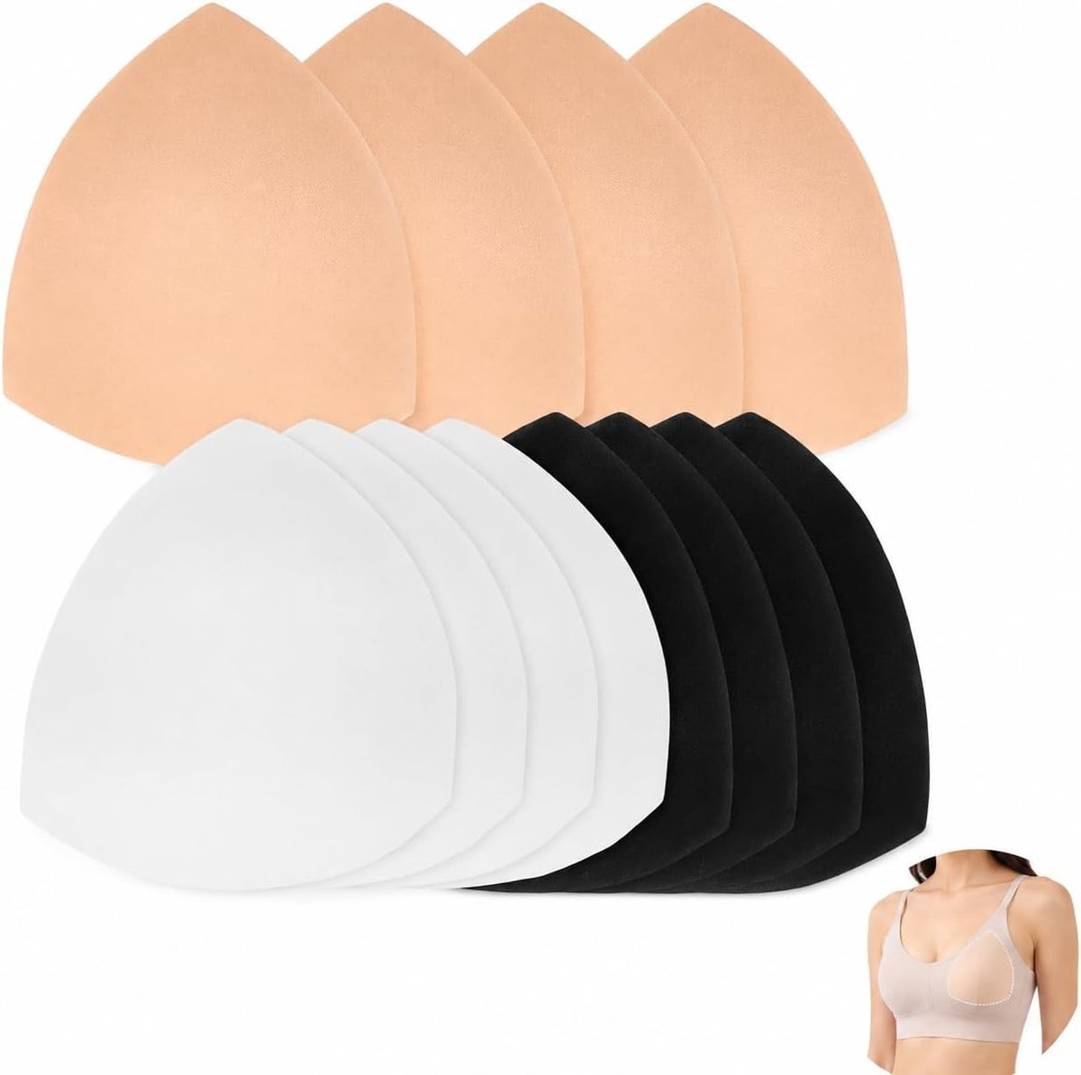 Verwijderbare Bh Pads voor Dames - Spongy Inlegkussens voor Zwemkleding en Sport - 6 Paar in Wit, Zwart en Huidskleur