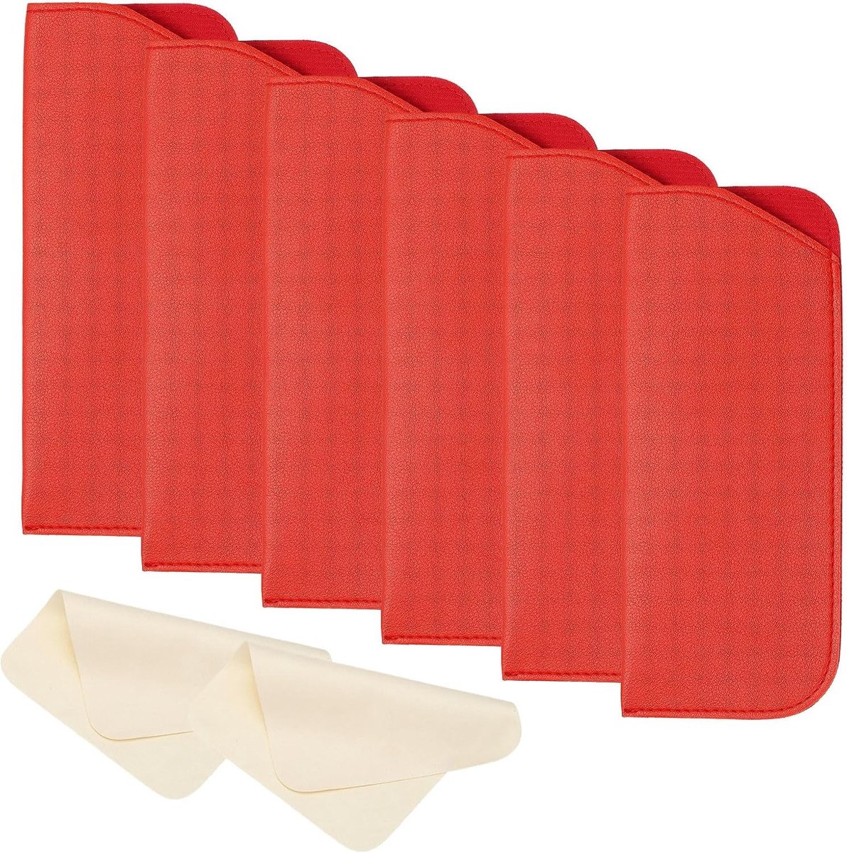 Lederen brillenkoker set van 6 stuks, draagbaar met 2 reinigingsdoekjes voor zonnebrillen en leesbrillen, rood