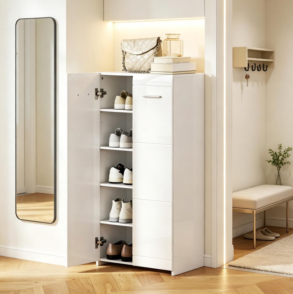 STILVORA Schoenenkast Voor 10 Paar Schoenen Met 5 Niveaus En Verstelbare Planken Voor Hal En Woonkamer Van Spaanplaat Wit Hoogglans 55 x 36 x 108 cm