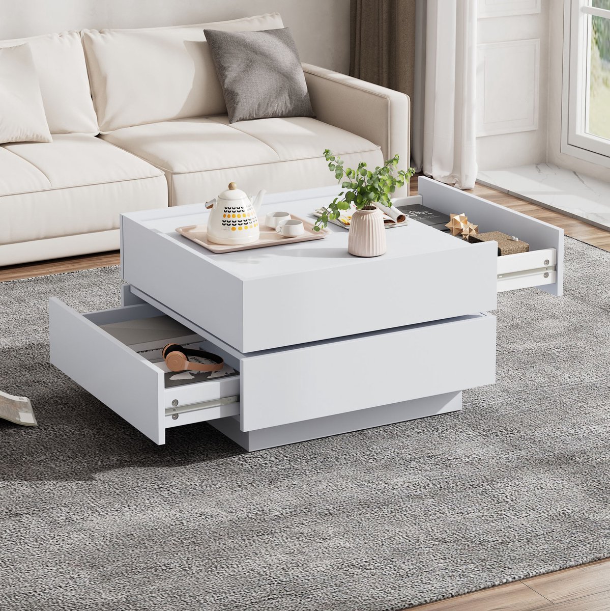 MEUNIQ Salontafel 60 x 60 x 38 cm met 360° draaibaar tafelblad, 2 lades, opbergruimte en opstaande rand voor woonkamer, wit