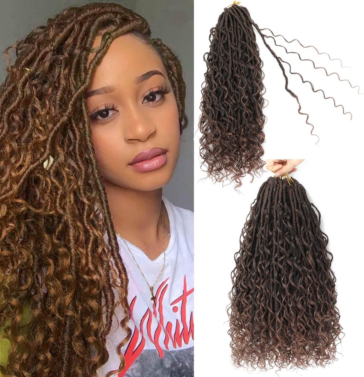 Locs gehaakt haar, 7 verpakkingen Boheemse godin, nep lokken, gehaakt haar, voorgelopt, boho, zachte lokken, synthetische vlechten, haarextensies voor vrouwen (T/30#, 61 cm)