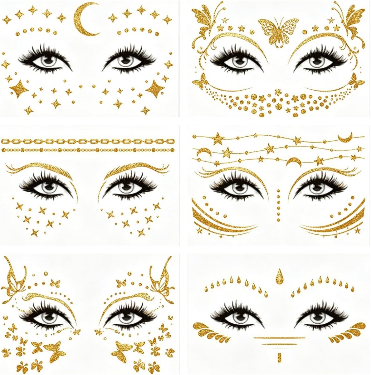 Tijdelijke tattoo gezicht Set van 6, waterbestendige stickers met ster maan vlinder, Gouden tattoo gezicht met metallic glans voor feesten festival, Tattoo accessoire gezicht voor feesten
