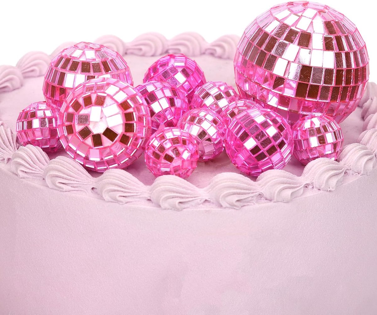 12st Disco Ball Cake Toppers, 4 Maten Disco Thema Cake Toppers Disco Ball Cupcake Decoraties Dessert Accessoires voor Verjaardagstaart 70s Thema Partij Gunst(Roze)
