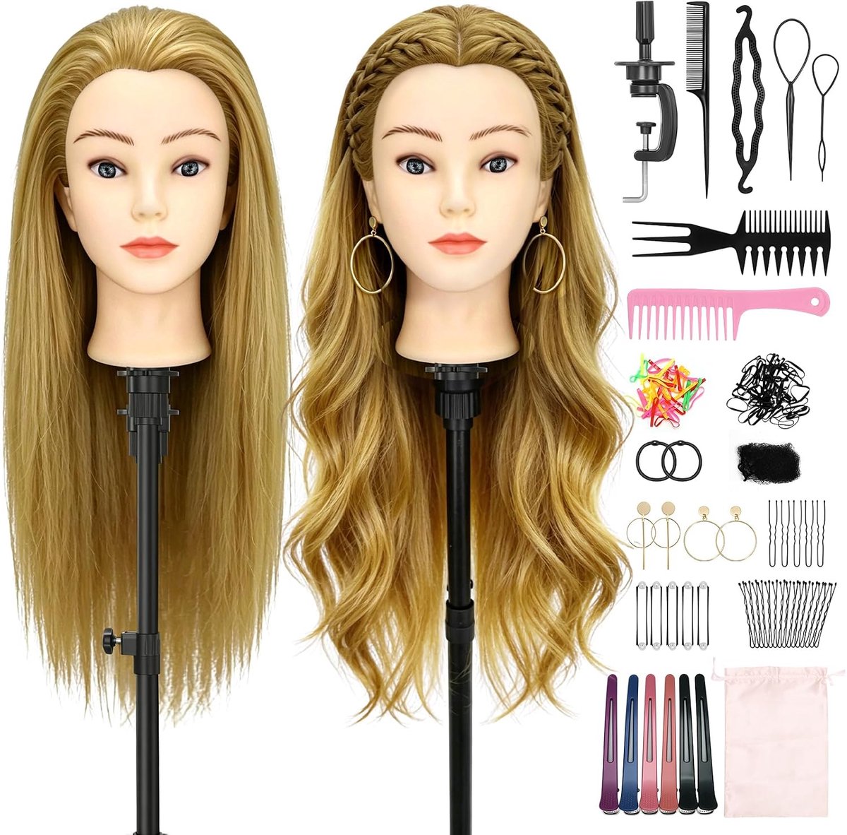 61 cm kappershoofd met oorgaten, 80% echt haar, oefenhoofd, kappershoofd, mannequin hoofd met tafelklem + doe-het-zelf vlechtset (goud)