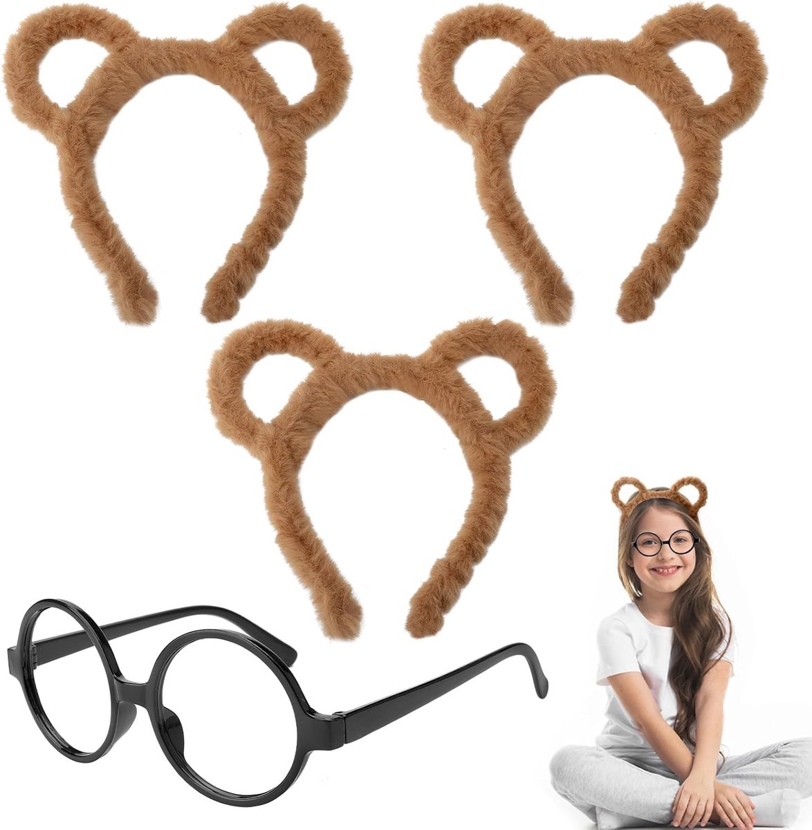 4-delige Chipmunk Set met 3 Hoofdbanden en Bril, Schattige Cartoonaccessoires voor Halloween en Verjaardagsfeestjes, Cosplay Kostuum Decoraties